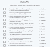 Match-Up Worksheet, consisting of the title Match-Up and the words: Write the letter of the correct match in the box next to each problem. A check box for each of eleven numbered descriptions, and eleven corresponding alphabetically listed answers to be matched up with the correct box on the worksheet