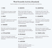 Word Scrambler Student Worksheet, consisting of the title: Word Scramble (Standard), and the words: Read the definition of the scrambled word. Then descramble on the blank lines. Consisting of a numbered list of 13 scrambled words with their definitions