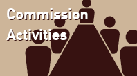 navigational icon consisting of the words Commission Activities in white text on a light-brown colored background and an outline in dark brown color of 5 human torso shapes (round head and upper body) signifying the NRC Chairman and four Commissioners with one atop a pyramid shape and two on each side with one at the bottom and one in the middle; hyperlink to NRC Flickr Current Commission Activities photo album
