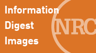 navigational icon consisting of the words Information Digest Images in white text on a light, burnt-orange colored background and a 3/4 circle with letters: NRC; hyperlink to NRC Flickr Information Digest photo album