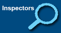 navigational icon consisting of the word Inspectors in white text on a blue colored background with a light-blue silhouette of a magnifying glass; hyperlink to NRC Flickr Inspectors photo album