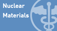 navigational icon consisting of the words Nuclear Materials in white text on a steel-blue colored background and a 3/4 circle with an outline of the medical symbol; hyperlink to NRC Flickr Nuclear Materials photo album