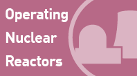 navigational icon consisting of the words Operating Nuclear Reactors in white text on a mauve colored background and a 3/4 circle with silhouettes of a typical nuclear reactor building with domed roof, and cooling tower; hyperlink to NRC Flickr Operating Nuclear Reactors photo album