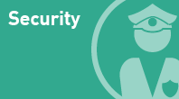navigational icon consisting of the word Security in white text on a light teal-green colored background and a 3/4 circle with a silhouette of a representation of a police officer, consisting of a police officer-type peaked cap on a round shape signifying a persons head, and a vest with an outline of a badge; hyperlink to NRC Flickr Seurity photo album