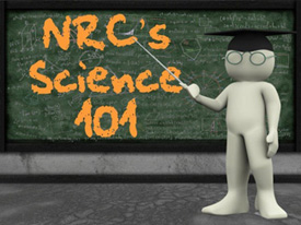 Image of a blackboard with a professor-person figure wearing a graduation cap and holding a pointer to the blackboard and with the words NRC's Science 101