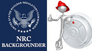 On a navy blue background - the NRC seal logo appears in white, with the text 'NRC Backgrounder' below - taking up half of this image; On the right half, is a drawing of a faceless stick figure wearing a red fireman's helmet while giving a thumbs up and leaning against a smoke detector standing on its edge
