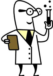 Cartoonish version of a laboratory worker in a white jacket holding up a test tube in one hand and holding a clipboard in the other