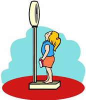 Artist rendering of a woman standing on a weigh scale reading her weight
