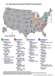 U.S. Operating Commercial Nuclear Power Reactors (with reactors listed by region)