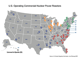 U.S. Operating Commercial Nuclear Power Reactors (with number of reactors listed per state)