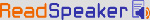 ReadSpeaker assistive technology logo consisting of the word ReadSpeaker in two-color text with the Read portion being orange and the Speaker portion in blue with an image of a sheet of paper with lines on it overlapped by an image of an electronic audio speaker both also in blue color