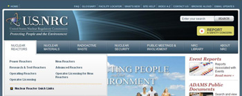 Screenshot of NRC public site banner showing navigation tabs and drop-down menus for primary information categories