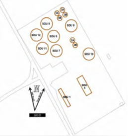 Internal layout diagram of the Savannah River Site (SRS) Saltstone Disposal Facility (SDF) in Aiken, South Carolina -- showing two rectangular, six smaller round, and seven larger round concrete disposal structures.