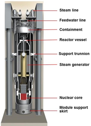 cutaway diagram of a nuclear reactor identifying the various components: Steam line, Feedwater line, Containment, Reactor vessel, Support trunnion, Steam ggenerator, Nuclear core, and Module support skirt