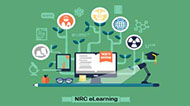 NRC eLearning icon consisting of a pale green background with an image of a horizontal pencil serving as a desk top; on the desktop is a computer monitor which as blank lines of text on a white backgound with an orange bookmark which says 'learn online' in white font; Also on the desk top is a pair of reading glasses and a desk lamp shining down onto the desk top; the computer monitor image serves as the trunk of a tree with many other various NRC web site icons all linked together as branches of the tree; the other icons representing various NRC programs