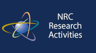 On a navy blue background - the NRC atom symbal with the text 'NRC Research Activities' below - taking up half of this image; on a white background with the NRC logo