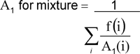 Formula for A Sub1 value for
mixtures of special form material consisting of the following calculation: A subscript 1 for mixture equal sign 1 over n-ary sumation symbol with small latin i underneath and f(i) over A subscript 1(i)