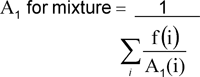 Formula for A Sub1 value for
mixtures of special form material consisting of the following calculation: A subscript 1 for mixture equal sign 1 over n-ary sumation symbol with small latin i underneath and f(i) over A subscript 1(i)