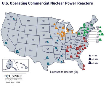 U.S. map image showing Operating Commercial Nuclear Power Reactors, indicated by various markers