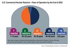 An illustration of Commercial Nuclear Power Reactors-Years of Operation by the End of 2022, showing five colored (purple, green, orange, blue, light blue), reactor silhouettes, grouped by years of operation (1-19 years (1); 20-29 years (2); 30-39 years (44); 40-49 years (43), and > 50 years (4), with the silhouette images starting small (purple), and each one getting progressively bigger with the amount of years, and the title: U.S. Commercial Nuclear Power Reactors-Years of Operation by the End of 2022