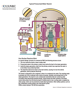 An illustration diagram of A Typical Pressurized Water Reactor, showing a cutaway with descriptions of various parts, with a text explanation of How Nuclear Reactors Work, and the title: A Typical Pressurized Water Reactor