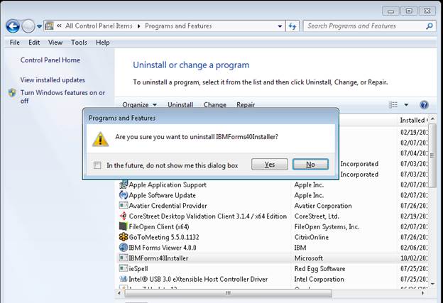 Windows screen shot of the Uninstall or change a program panel with pop-up confirmation window to remove IBMForms40Installer application