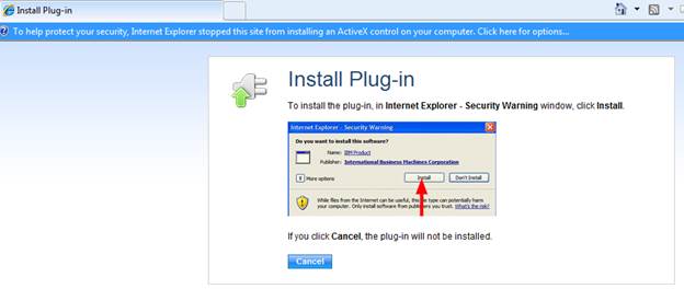 Windows screen shot of the EIE Forms ActiveX Plugin Install panel showing the Install Plug-in ActiveX control security warning with a red arrow pointing to the Install button