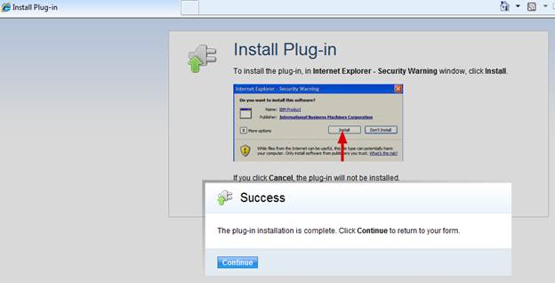 Windows screen shot of the EIE Forms ActiveX Plugin Install panel showing Success pop-up window after successful installation; click on continue