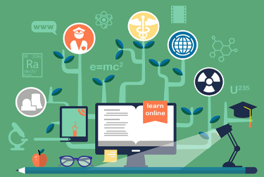 Image of a learning tree with scientific and scholastic symbols and icons
