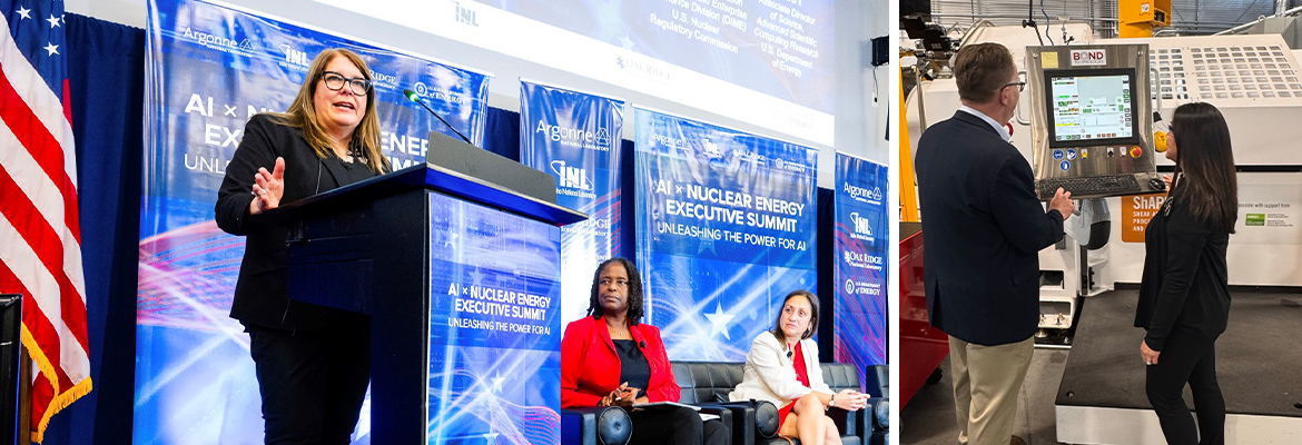 Basia Sall, NRC’s Chief Data Officer, left, speaks during the AI x Nuclear Executive Summit hosted by the Department of Energy’s Argonne National Laboratory, and Carline Carusone, the NRC’s OCIO Deputy Office Director, visits the Pacific Northwest National Laboratory, both are part of critical engagements ensuring agency AI strategies are aligned with national priorities.