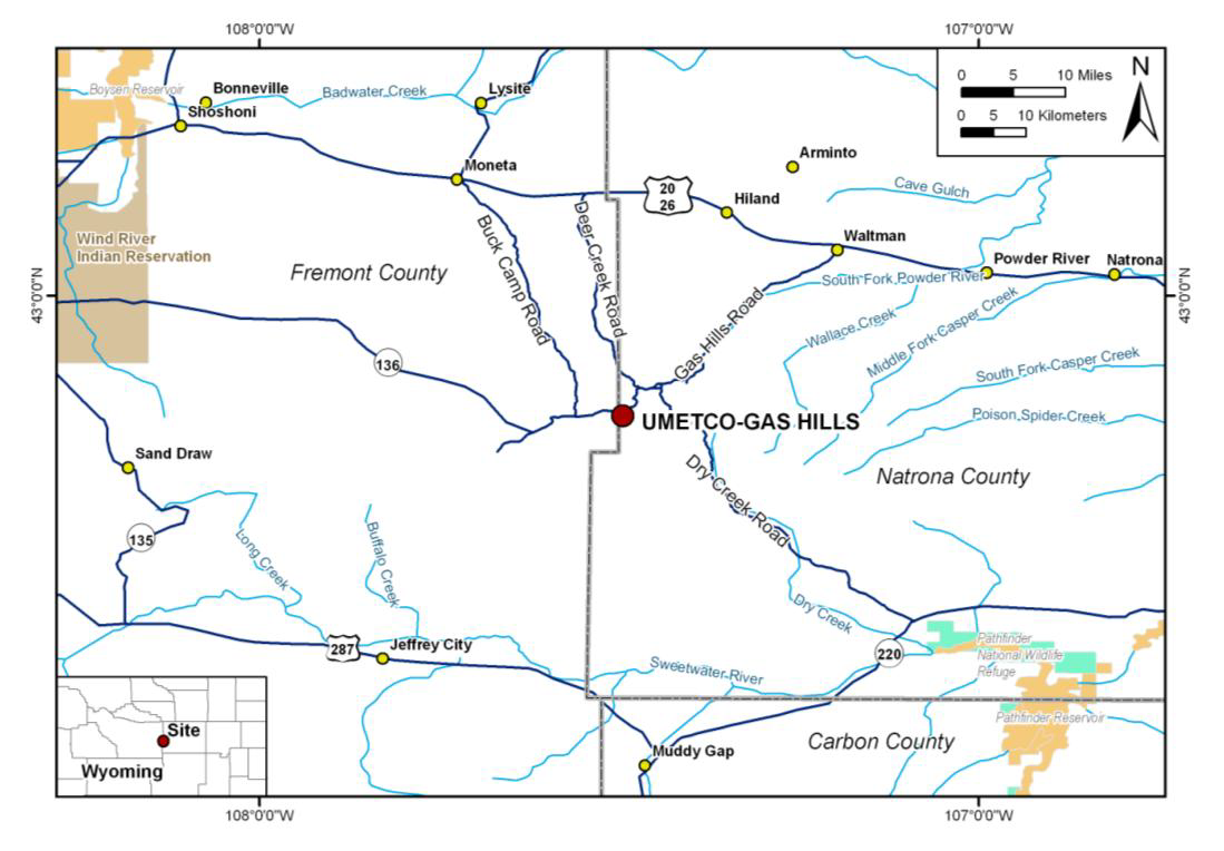 Figure 1. Umetco-Gas Hills Project Site Location Map
Source: U.S. Department of Energy. “Long-Term Surveillance Plan for the Gas Hills East (UMTRCA Title II) Disposal Site, Fremont and Natrona Counties, Wyoming.” Grand Junction, Colorado: U.S. Department of Energy. 2009.