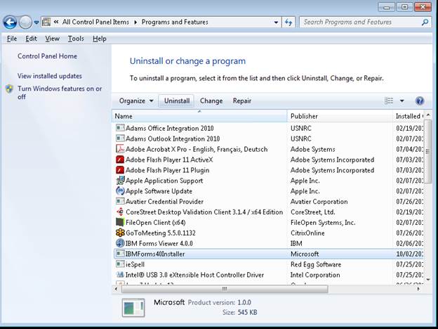 Windows screen shot of the Uninstall or change a program panel with the IBMForms40Installer application selected