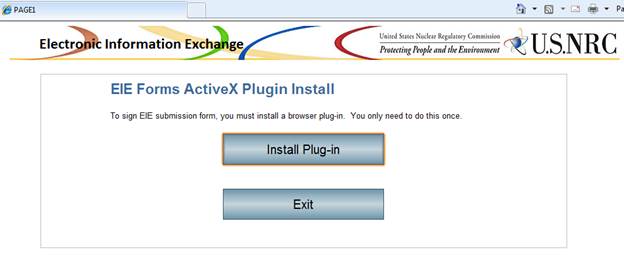 Windows screen shot of the EIE Forms ActiveX Plugin Install panel showing an Install Plug-in button and an Exit button