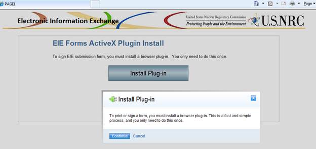 Windows screen shot of the EIE Forms ActiveX Plugin Install panel showing the Install Plug-in prompt after the Install Plug-in button was selected