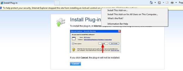 Windows screen shot of the EIE Forms ActiveX Plugin Install panel with a red arrow pointing to the Install button and ActiveX control security warning at top of browser showing list of options; from list of options, click on Install this add-on to continue