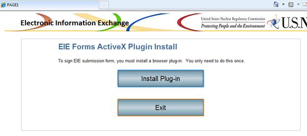 Windows screen shot of the EIE Forms ActiveX Plugin Install panel showing an Install Plug-in button and an Exit button; just click on Exit to close the install window