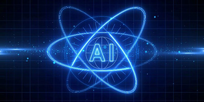 on a black background, a rendering of an atom with AI in the center written in blue bold font