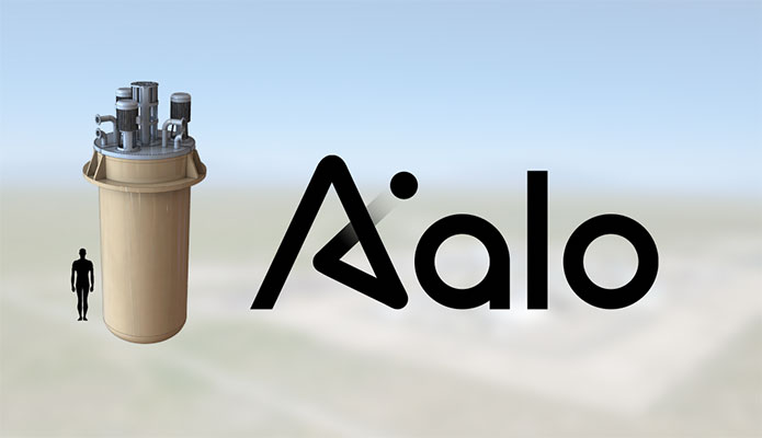 Artist rendering with Aalo Atomics and logo and to left is micro reactor with a person in contrast in black outline height of 1/3 of the micro reactor