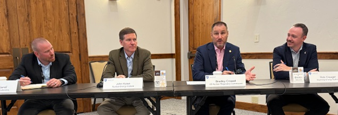 Image is a photo of four people sitting at a table and speaking into a microphone. 