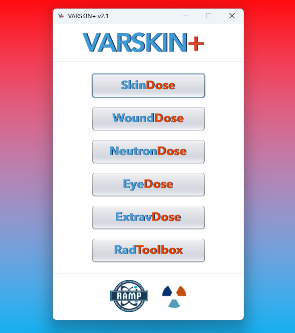 Menu for V+ (formerly VARSKIN) version 2.1, including skin, wound, eye, neutron, and extravasation dose modules alongside radiological toolbox.
