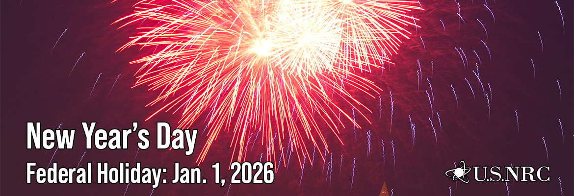 Image of fireworks with text "New Year's Day, Federal Holiday: Jan. 1, 2026"