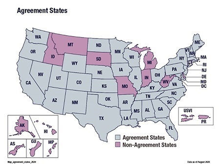 Updated map of United States of America with Agreement States in grey and Non-Agreement States in pink