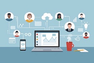 Artistic graphic showing various people connecting to online training courses.