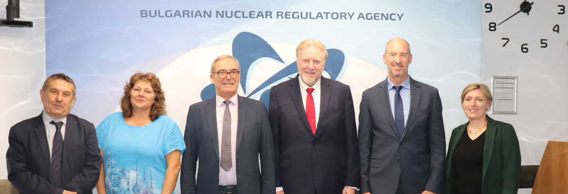 NRC International Programs Director David Skeen (third from right) and desk officer Eric Thomas (second from right) meet with officials from the Bulgarian Nuclear Regulatory Agency and the U.S. Embassy during a visit to Sofia to share best practices related to licensing Westinghouse AP1000 reactors.