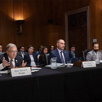 NRC Chairman David Wright, left to right, Commissioner Bradley Crowell and Commissioner Matthew Marzano brief the U.S. Senate Environment and Public Works Committee on agency activities, updated mission statements and various ways it is successfully meeting mandates in the ADVANCE Act and Executive Orders.