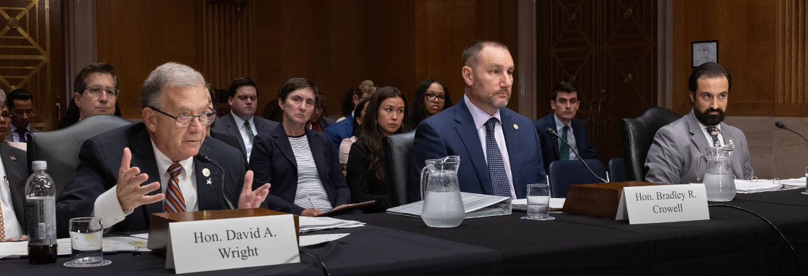 NRC Chairman David Wright, left to right, Commissioner Bradley Crowell and Commissioner Matthew Marzano brief the U.S. Senate Environment and Public Works Committee on agency activities, updated mission statements and various ways it is successfully meeting mandates in the ADVANCE Act and Executive Orders.