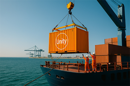 Image for Deployable Energy - showing a frieght ship offloading an orange create with the word 'Unity' in white font on the side of the crate.