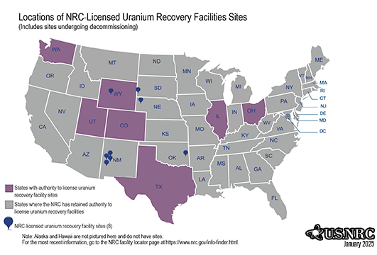 Map showing uranium recovery sites across the United States.