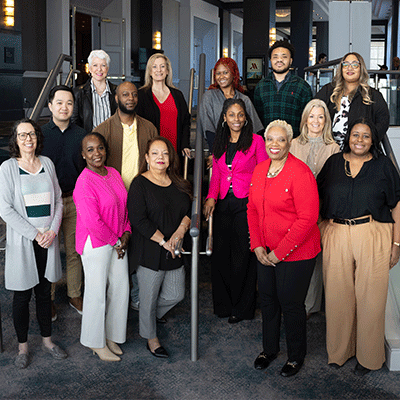 a group of people on steps. 