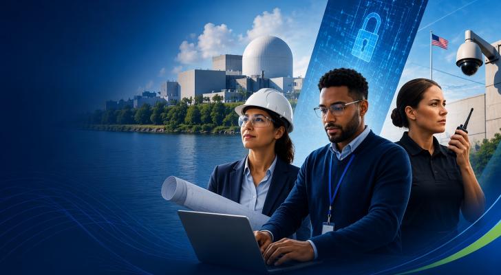 Nuclear Power Plan near water, woman in glasses and white hard hat, man working on a computer and female security person with walkie talkie and access control camera.
